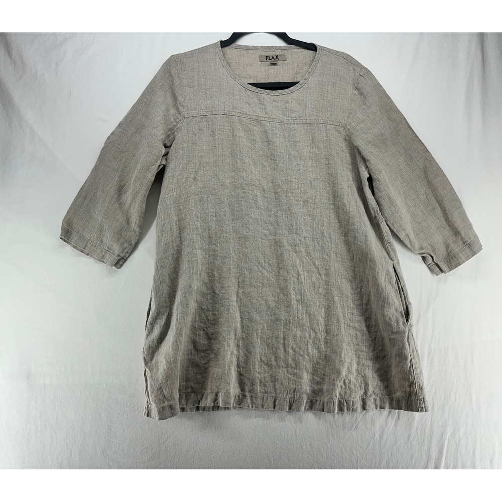 FLAX 100% Linen Tunic Top Oatmeal Beige 3/4 Sleeve Pockets Small